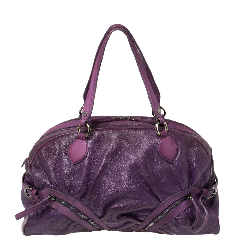 Satchel with a tassel or fringe detail for a bohemian feelMoschino Purple Crinkled Patent Leather Double Zip Pocket Duffel Bag