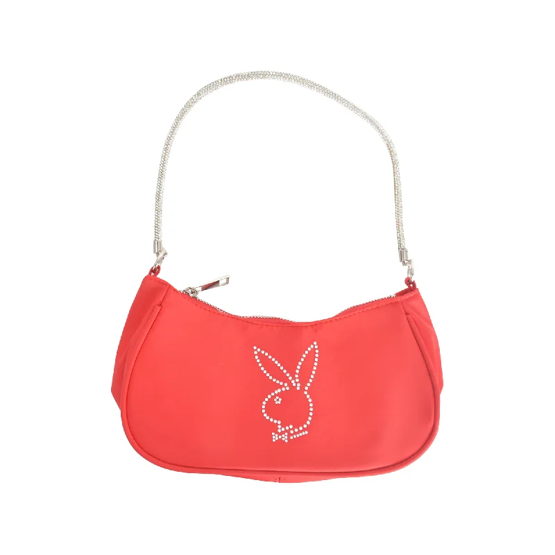 Convertible shoulder bag that can be worn as a cross - body bagNYLON HANDBAG WITH RHINESTONE HANDLE AND RHINESTONE BUNNY