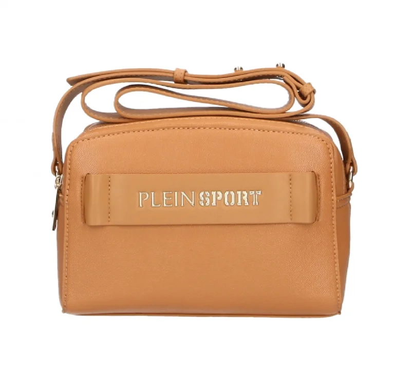 Crossbody bag with a magnetic snap closure for quick accessPlein Sport Chic Camel-Toned Crossbody with Double Zip Closure