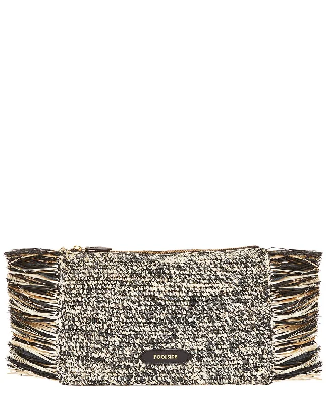 Laser - cut leather evening bag with an intricate patternPOOLSIDE Tropical Fringe Raffia Clutch