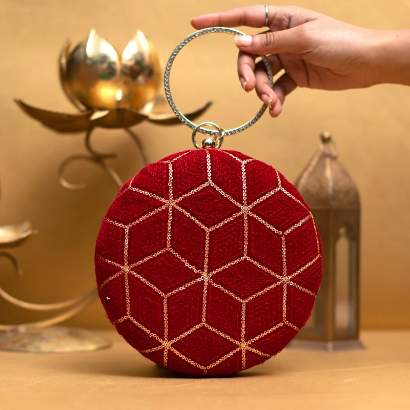 Clutch with a built - in mirror and compact for on - the - go touch - upsRed And Golden Sequin Embroidery Round Clutch