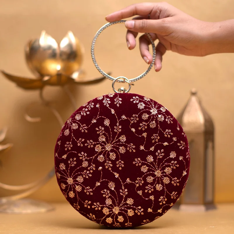 Metallic leather evening bag with a textured finishRed And Golden Sequins Embroidery Round Clutch