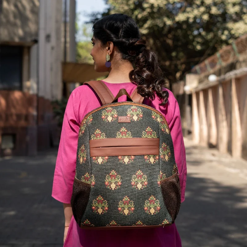 Embroidered backpack with detailed floral threadwork for a unique touchRoyal Green Mogra Print Classic Backpack