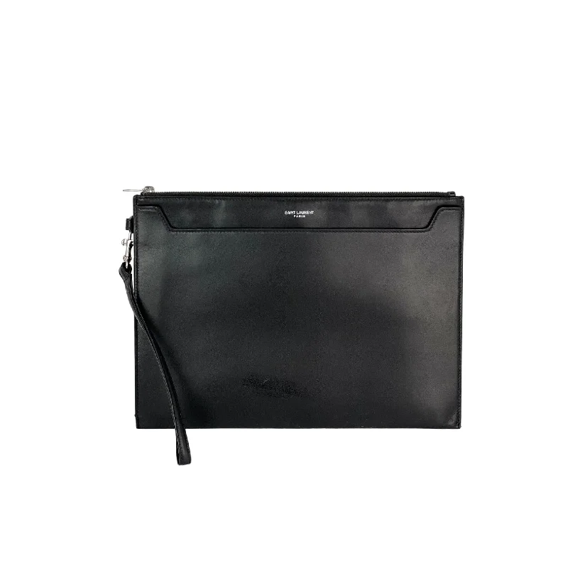 Miniature evening bag with a fold - over clasp for a compact optionSaint Laurent Black Smooth Leather I-Pad Case Clutch