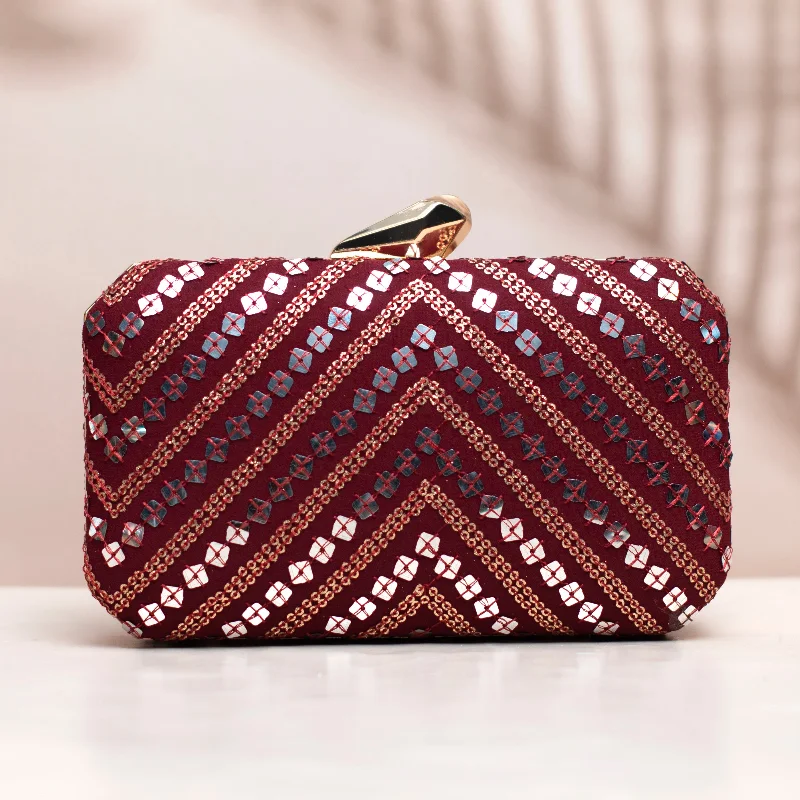 Clutch with a built - in mirror and compact for on - the - go touch - upsSilver Sequins Maroon Embroidery Clutch