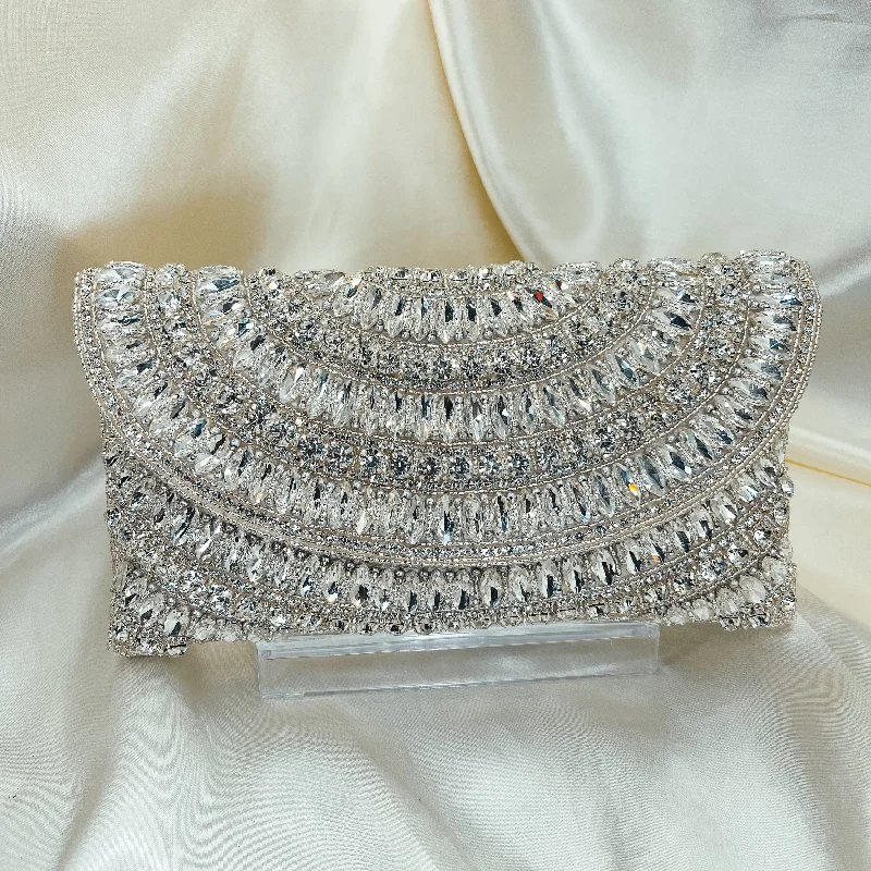 Women's satin clutch with a beaded flower accent for a glamorous eveningJULIA Clutch (Silver)