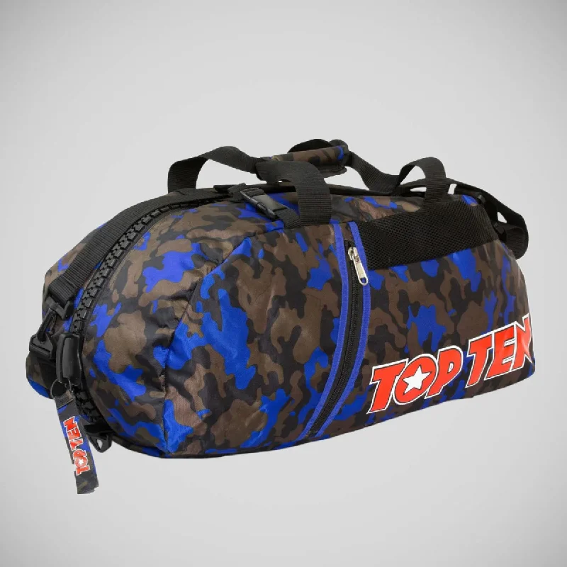 Vintage - inspired leather backpack with a flap - over closure and tassel detailsTop Ten Sportbag-Backpack Blue/Camo