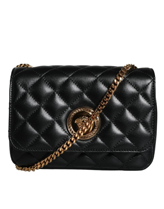 Leatherette crossbody bag with a quilted pattern for a sophisticated lookVersace Black Quilted Lambskin Leather Crossbody Shoulder Bag