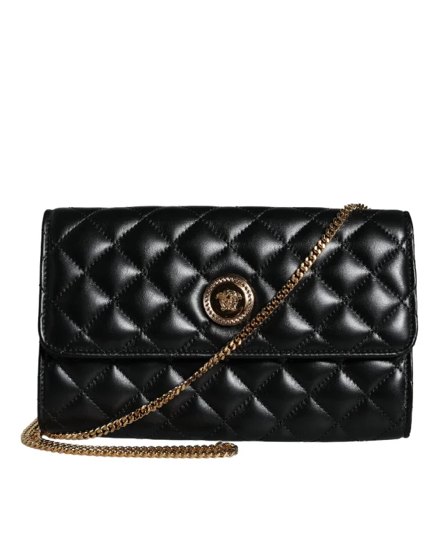 Crossbody bag with multiple compartments and pockets for organizationVersace Black Quilted Nappa Leather Crossbody Shoulder Bag