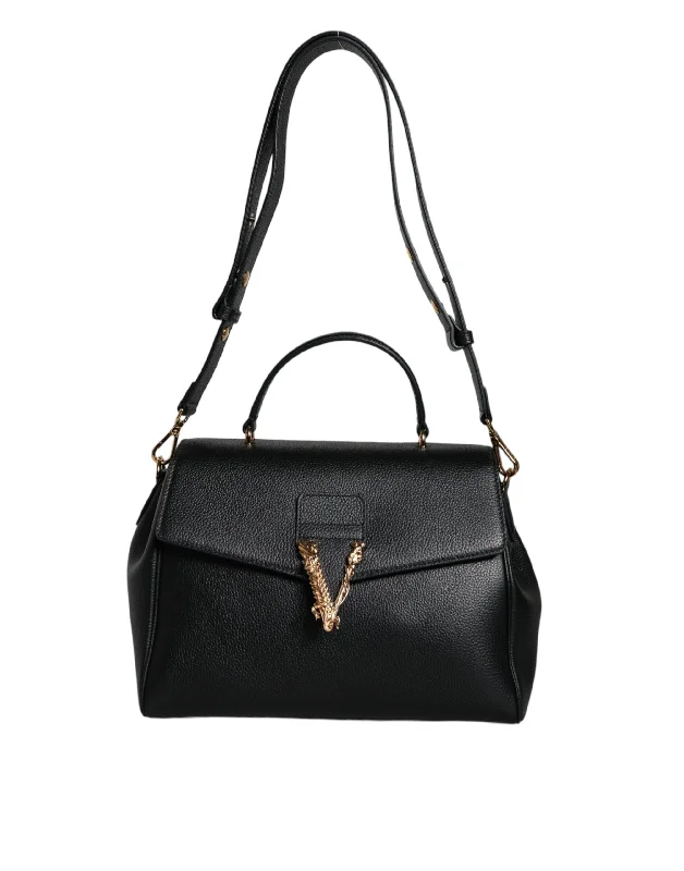 Color - blocked crossbody bag with bold hues for a fashion statementVersace Black Top Handle Grainy Calfskin Leather Crossbody Bag