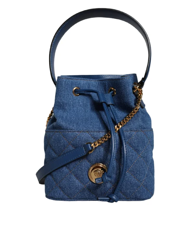 Studded crossbody bag with a punk - rock edgeVersace Blue Quilted Denim Leather Crossbody Shoulder Bag