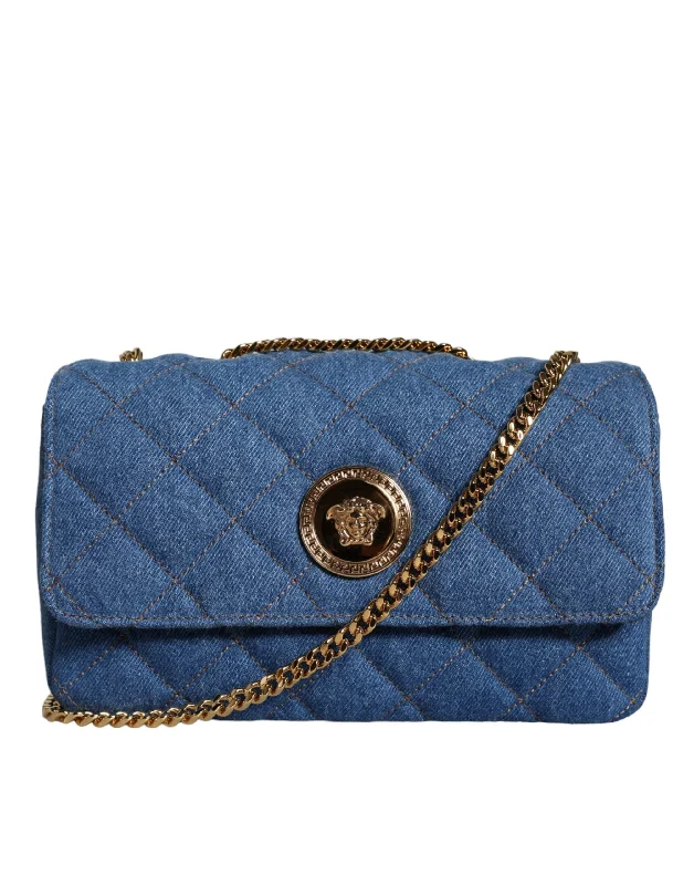 Waterproof crossbody bag with a zippered closure for outdoor adventuresVersace Blue Quilted Denim Leather Crossbody Shoulder Bag