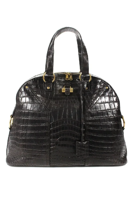 Satchel with a hidden anti-theft pocket for securityYves Saint Laurent Crocodile Muse Satchel Handbag Dark Brown Gold Zip