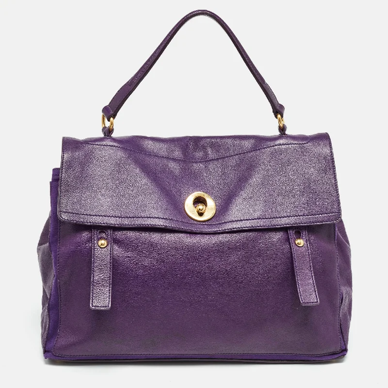 Silk satchel with a delicate paisley print for a feminine aestheticYves Saint Laurent Purple Canvas And Leather Large Muse Two Top Handle Bag